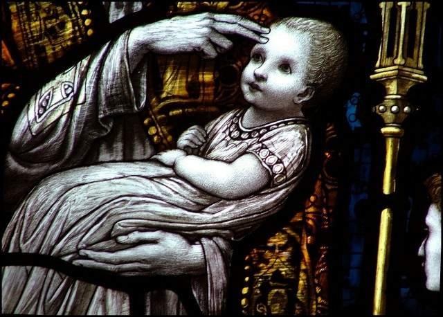 Infant baptism, in stained glass (From St. Peter's List).